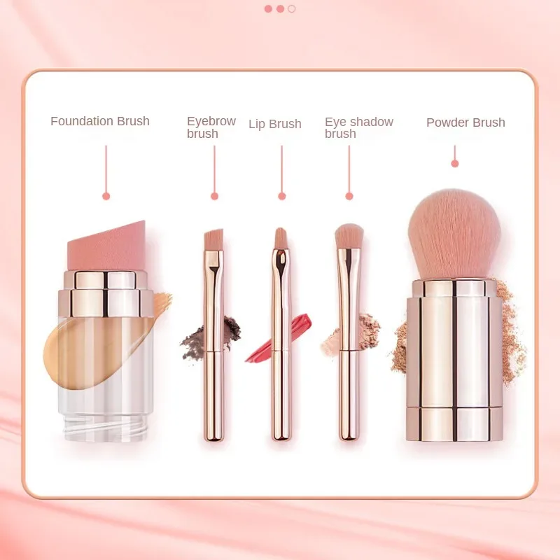 Pincéis de maquiagem retráteis portáteis 5 em 1, para base, sobrancelha, lábios, sombra, pó solto, conjunto de cosméticos, ferramentas de pincel de maquiagem — image 6