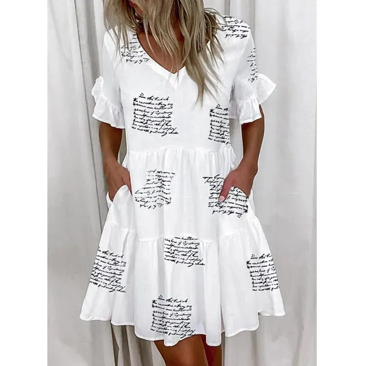 Vestido de verão feminino casual com decote em v manga curta manga borboleta floral folha carta impressão mini vestidos ysx9032 — image 3