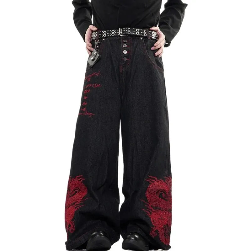 2026 New Side Red Dragon Embroidery Baggy Jeans For Men Y2K Streetwear Punk Fashion Denim Pantalones American Retro Hip Hop Jean — image 2