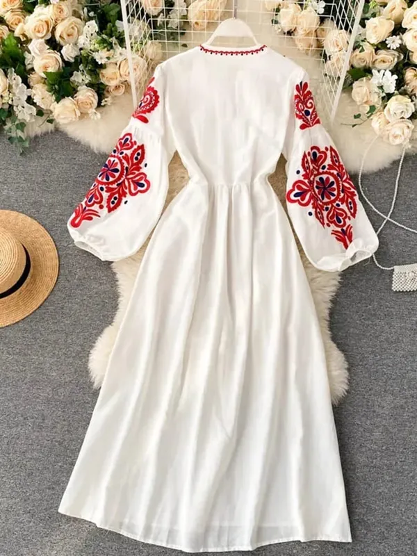 Women Autumn Dresses Bohemian Embroidered Flower O-Neck Lantern Sleeve High Waist Pleated Dress All-match Female Vestidos PL393 — image 3