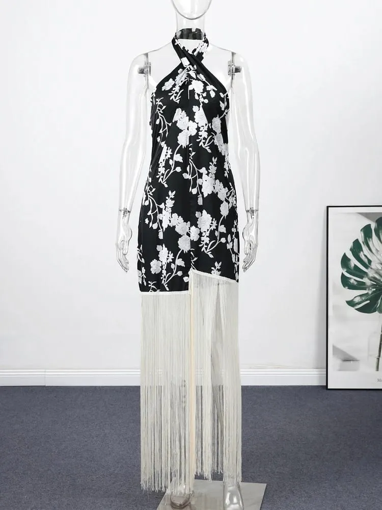 Vintage impressão borla assimétrico vestido longo feminino halter sem mangas sem costas vestidos de festa feminino primavera verão senhora chique robe — image 5
