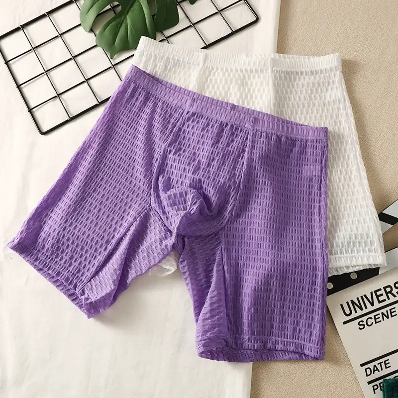 Men's Waffle Texture Boxy Underwear Extended Boxer Briefs Mid Rise Sheer Mesh Flirtatious Casual Athletic Sports Trunks Knickers — image 2