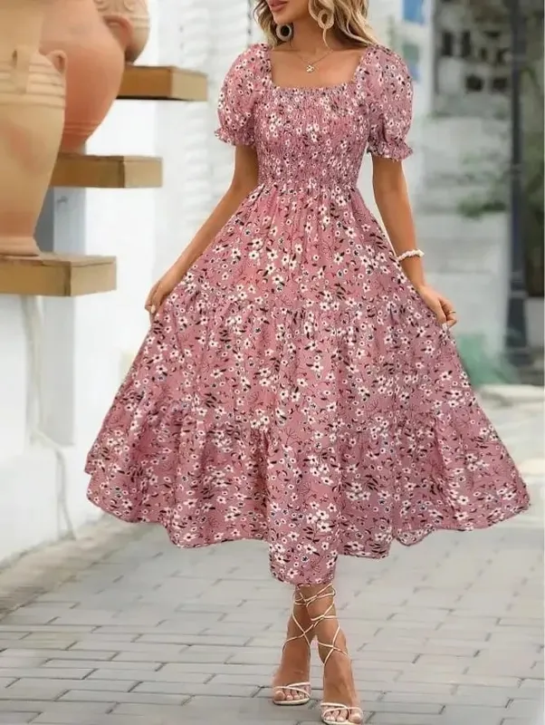 2025 New Women's Printed Dress Square Collar Bubble Sleeve Empire Waist Midi Dress Short Sleeve Cross-Border Independent Station — image 7