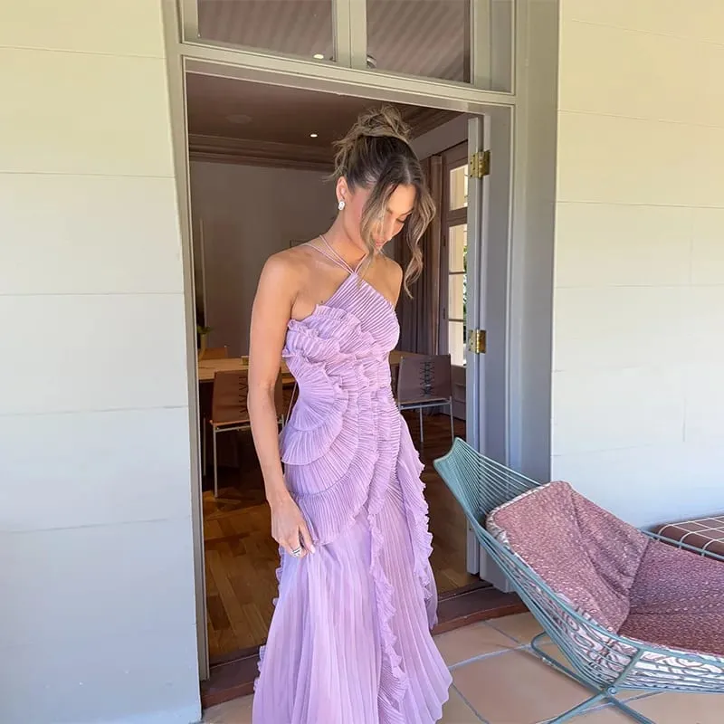 Elegant Neck Strap Ruffles Evening Gown Solid Folds A Line Lace Up Backless Sexy Party Dress 2025 Bagong Party Bakasyon Y2k Robe — image 2