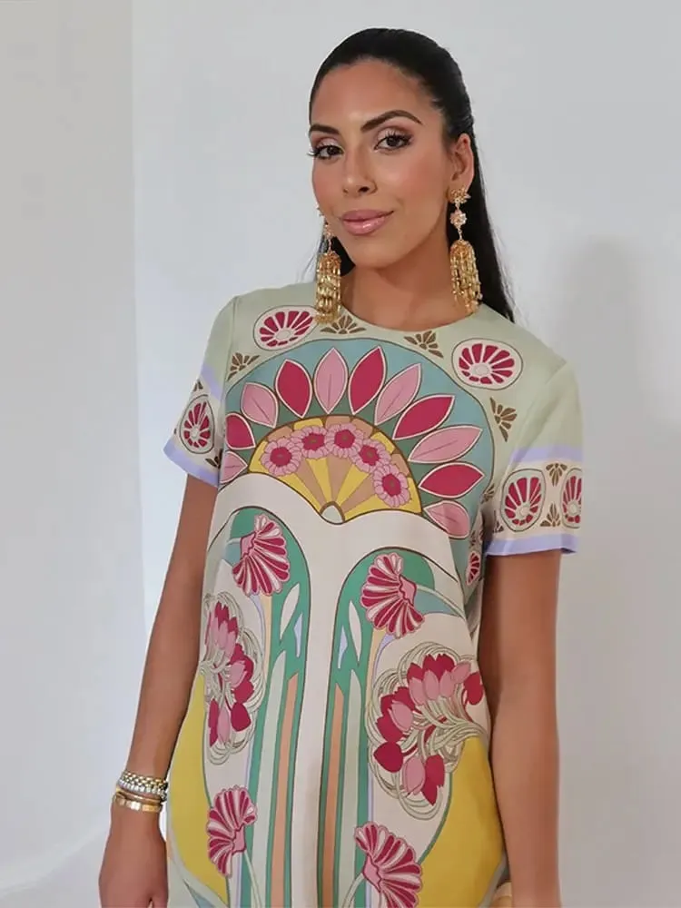 Women Art Floral Print Feather Hem Maxi Dress Short Sleeve Crew Neck Loose Fit Dresses 2026 Summer Fashion Elegant Lady Outwear — image 4