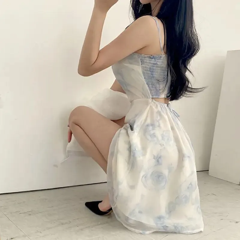 Women Sleeveless Chiffon Dress Floral Printing Suspender High Waist A-line Strap Dress Summer Dress Sexy Backless Dresses — image 5