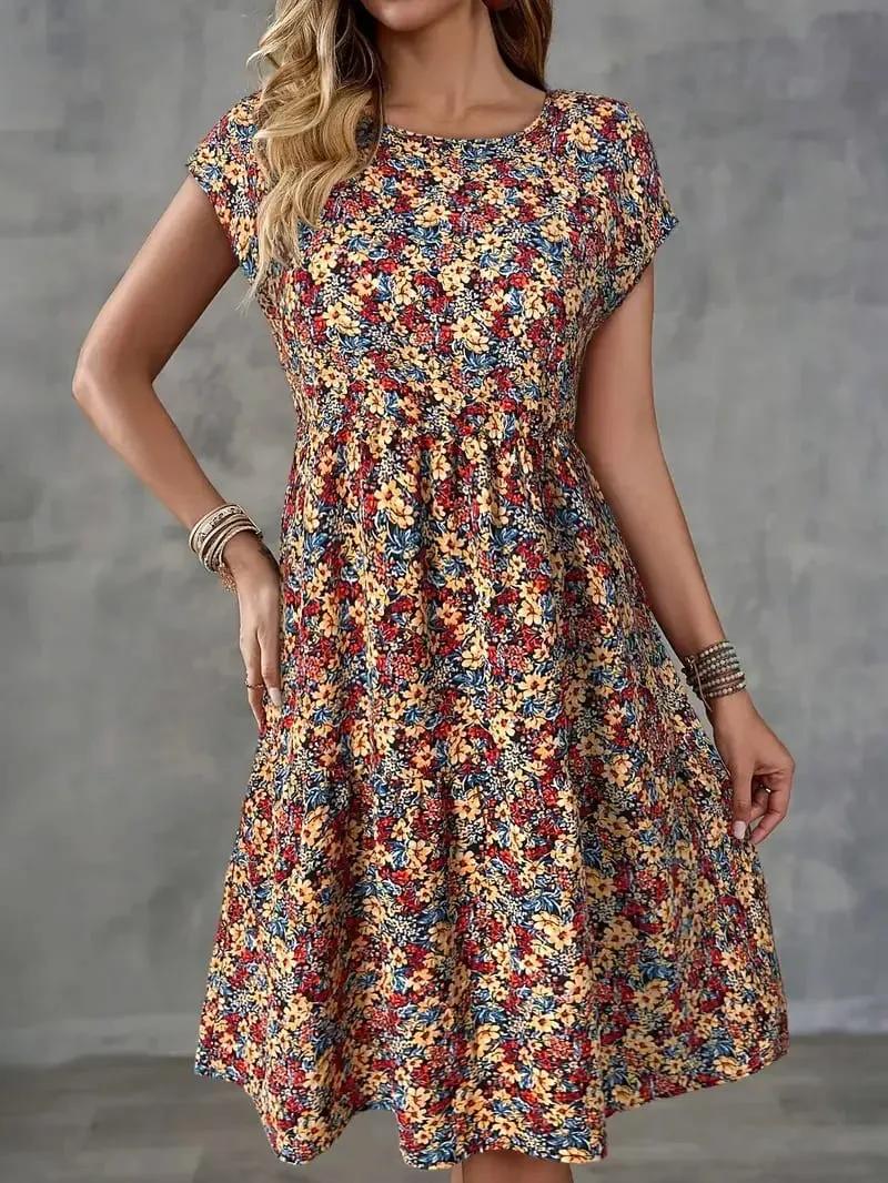 Women's Summer Floral Print Short-Sleeved Round Neck Dress Casual Loose Vacation Style Dress — image 5