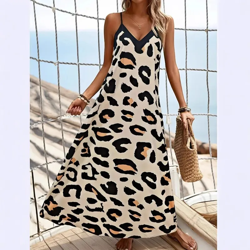 2026 New Women Leopard Print Spaghetti Strap Maxi Dress Sleeveless V Neck Casual Long Dresses Summer Beach Vacation Outfit — image 3