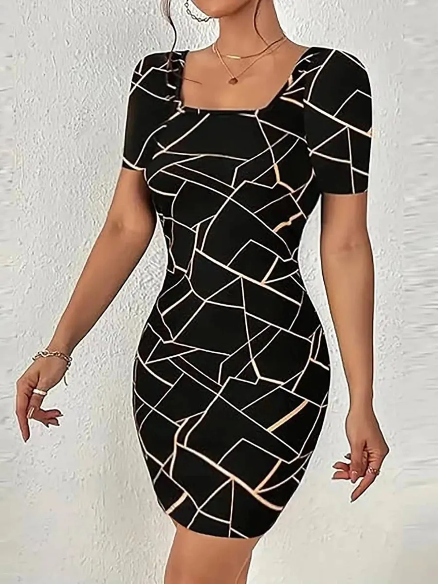 Women Dress Square Neck Short Sleeve Geometric Print Bodycon Mini Dress Sleek Spring Summer Chic Party Club Night Out Flattering — image 3