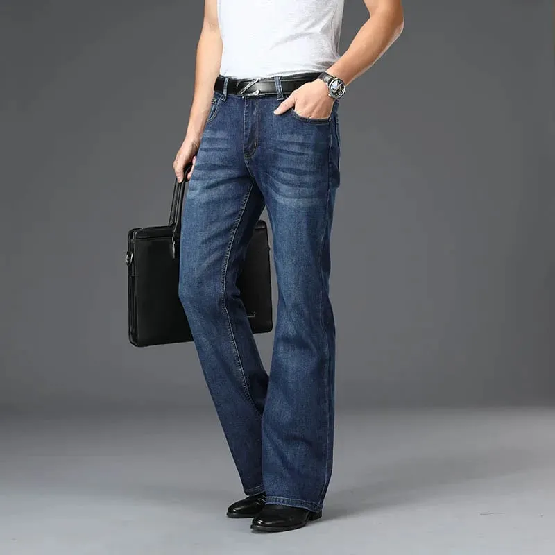 Men High Waist Stretch Bootcut Denim Jeans Loose Wide Leg Vintage Classic Blue Jeans Streetwear Casual Daily Male Denim Trousers