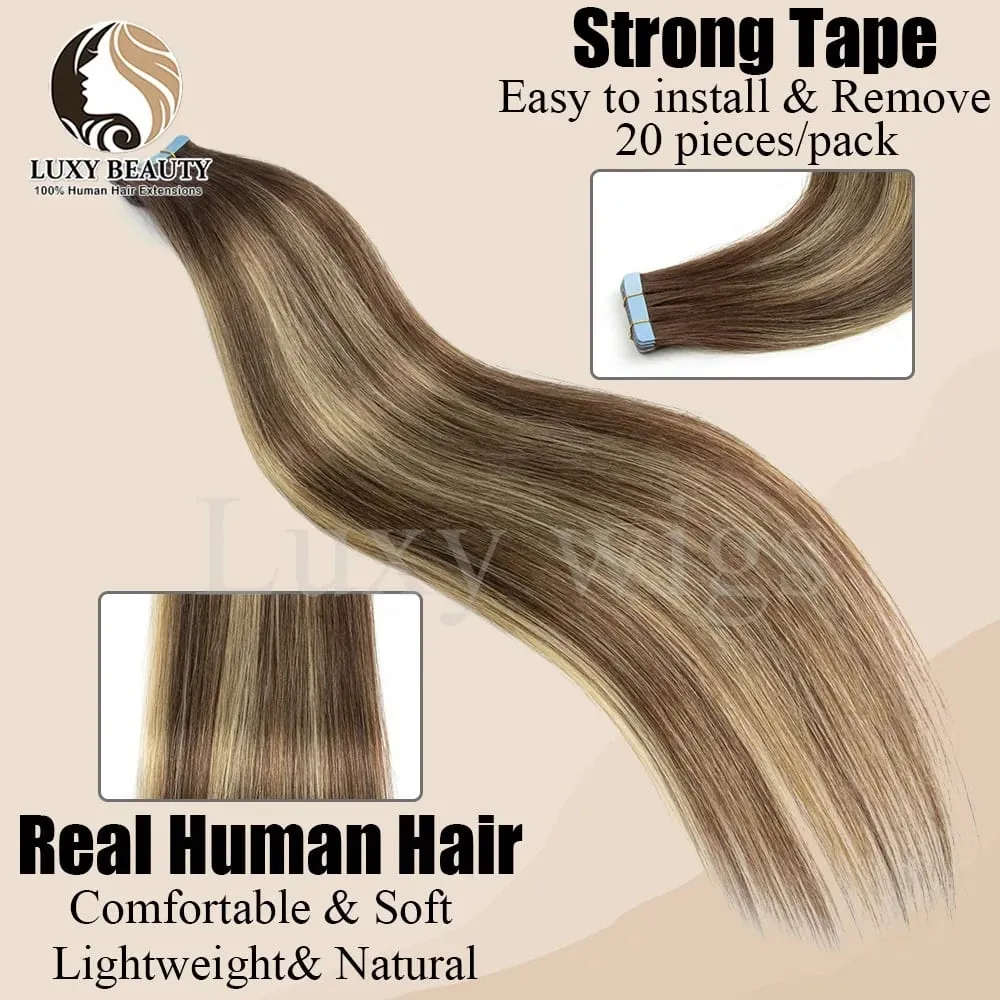 Highlights Brown Tape in Hair Extensions Human Hair Straight Black Blonde Seamless PU Skin Weft Tape In Hair Extensions 20PCS