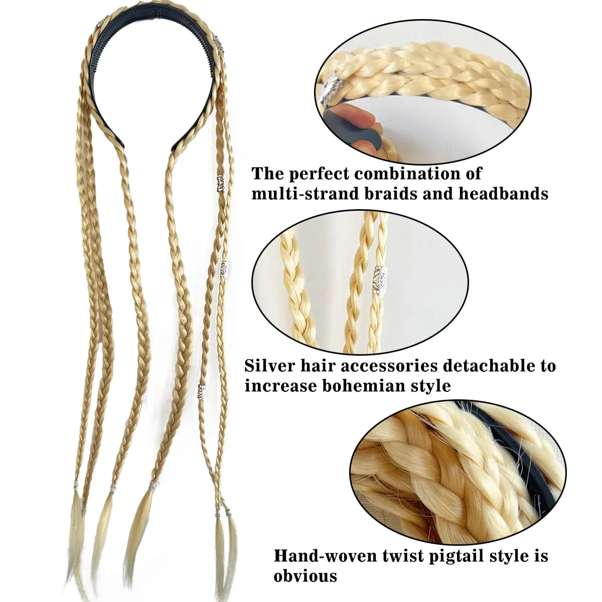 Synthetic Braided Headband Wig Braids Hairband With Decorative Silver Rings Long Box Braid Headband Hairpieces For Women Daily — image 4
