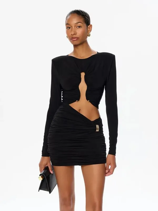 Solid Dresses For Women Fashion Sexy Club Long Sleeves Hollow Out O-Neck Hip Wrap Sheath Mini Vestidos Robes Female Streetwear — image 3