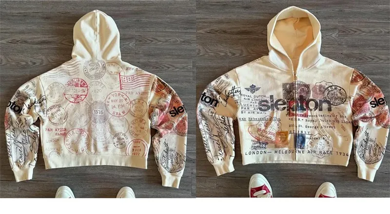 เสื้อแจ็คเก็ตซิปHoodie Apricotพิมพ์ตัวอักษรการ์ตูนแฟชั่นRetro Y2K High Streetผู้ชายและผู้หญิง — image 7