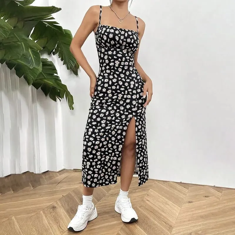 Women's Casual Dresses Daisy Floral Print Spaghetti Strap Midi Dress Square Neck Bodycon Split Summer Dress Beach Party Sundress