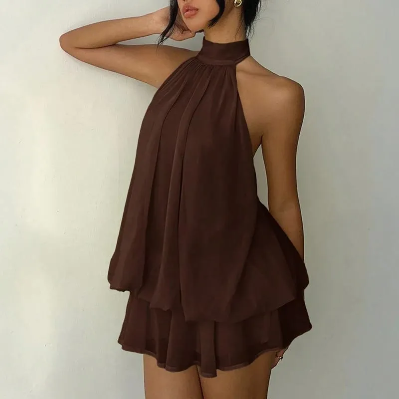 French Style Solid Color Halter Dress Women Sleeveless Off Shoulder Backless A Line Mini Dress Spicy Girl Beach Vacation Dresses — image 9