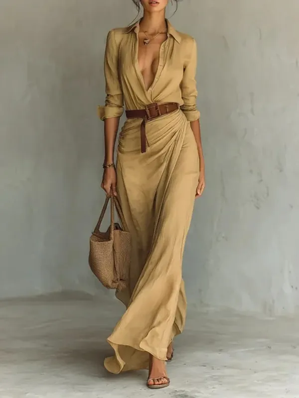 Fashion Sexy Single-breasted V-neck Long-sleeved Dress For Women Elegant Spring Autumn Solid Color Irregular Belt Dresses Female