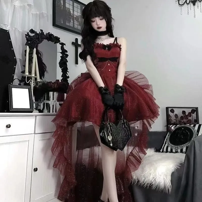 Gotisk Röd Lolita JSK Klänning Dam Spaghetti Band Volang Tyll Kjol Kedja Rosett Dekor Hög Låg Fåll Vintage Princess Festklänning — image 4