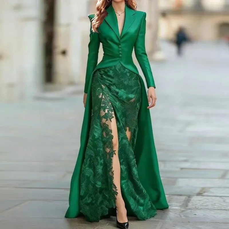 Autumn Women's Lapel Button Top and Skirt Two Piece Set Lace Patchwork Slim Fit Party Suit Elegant Solid Formal Occasion Outfit — image 6