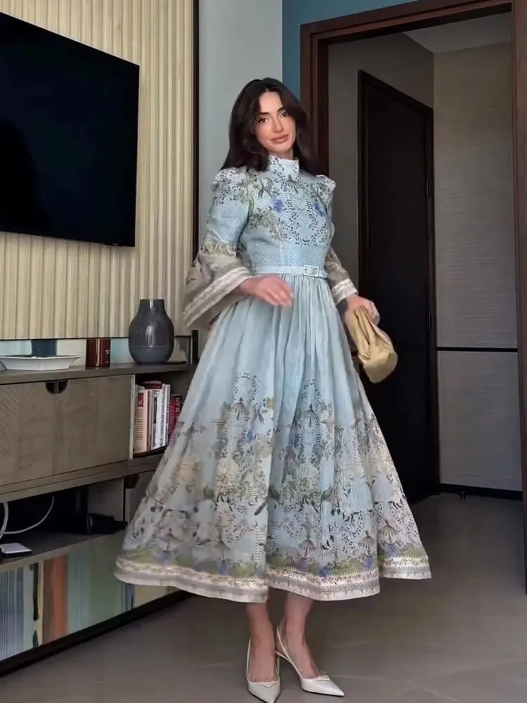 Elegant Floral Printed Women's Dress Stand Collar Full Puff Sleeve A-line Long Dresses 2026 Summer Vacation Party Lady Robes