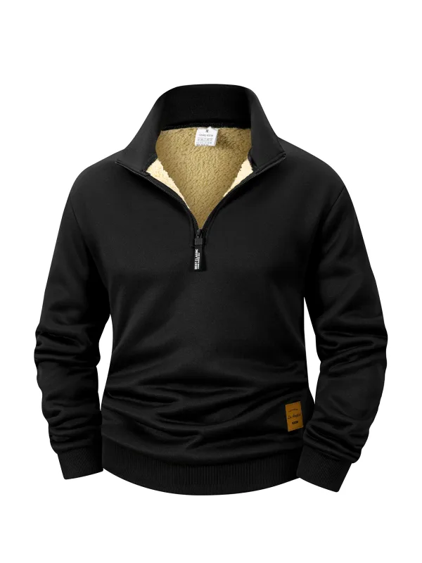 Men Fleece Lined Sweatshirts Winter Warm Pullover Half Zipper Pullover for Male Hoody Outdoor Sweatshit Solid Color Stand Collar