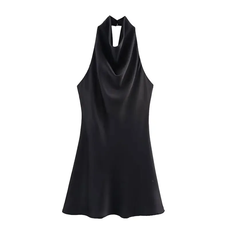 Satin Women Party Dress 2026 Spring Summer Backless Sleeveless Halter Slim A Line Short Mini Dress Y2K