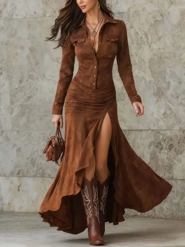 Elegante retro vestido de cor sólida para as mulheres primavera outono moda nova lapela botão manga longa assimétrico bainha grande vestido longo — image 2