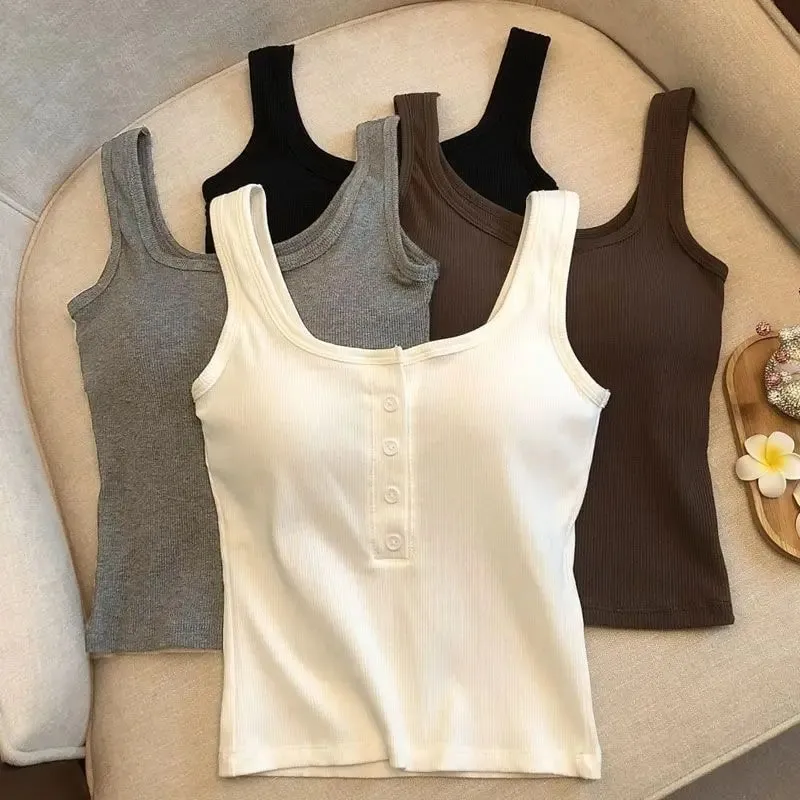 1Pcs Women's Ribbed Henley Tank Top Square Neck Button Front Built-in Bra Sleeveless Camisole — image 7
