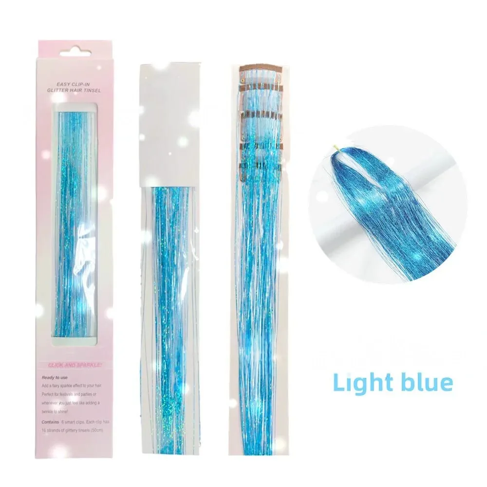 6Pcs Hair Tinsel Clip in Hair Extensions 20 Inch Synthetic Colorful Shiny Sparkle Glitter Tinsel Hair for Women Girls Cosplay
