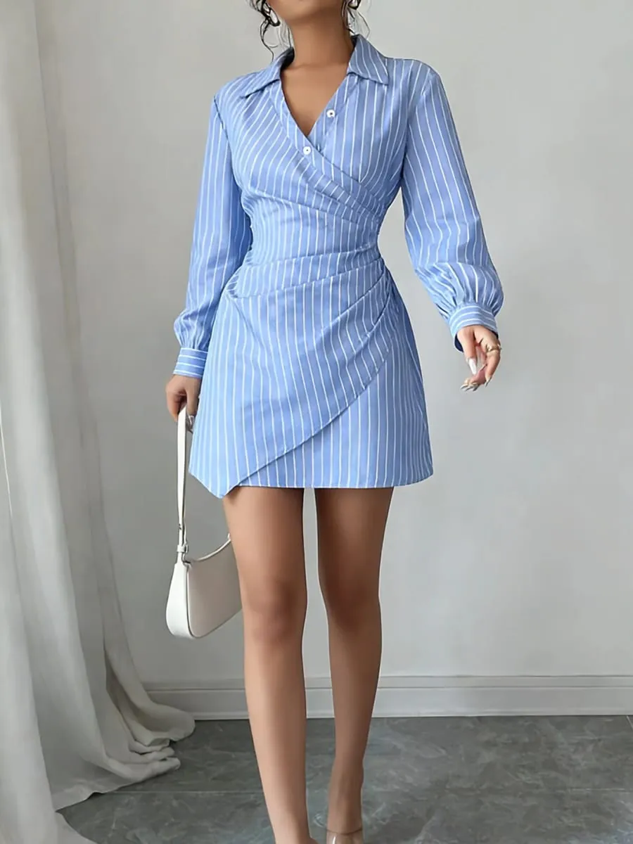 Women Casual Dresses Long Sleeve Striped Wrap Waist Shirt Dress Elegant Spring Summer Office Brunch Lightweight Mini Dress — image 1