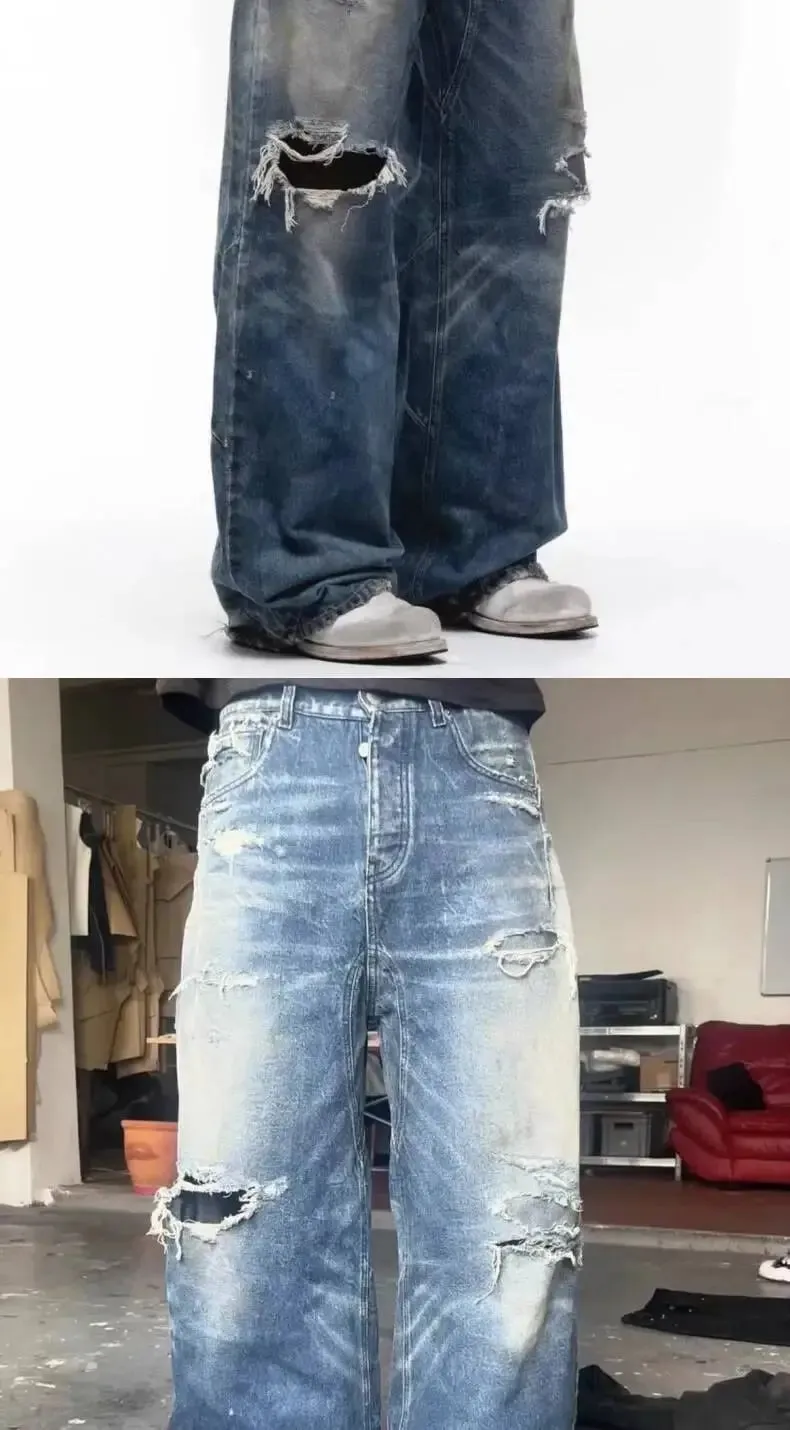 Unisex Jeans 2026 Spring Autumn Men's American Hollow Out Washed Retro Jeans Loose Wide Leg Straight Pants Hole Ripped Trousers