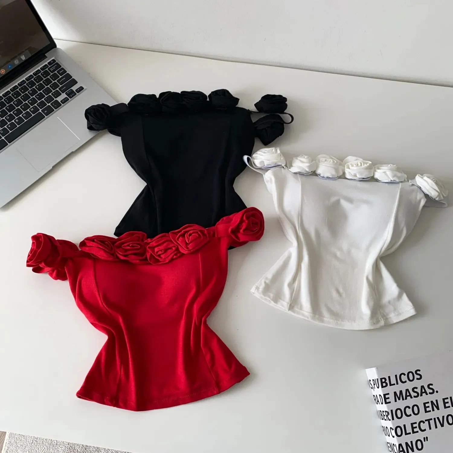 Fashion 3D Floral Solid Crop Top Women Strap Backless Elastic Waist Short Tank Top Korean Holiday Sexy Club Camisole — image 8