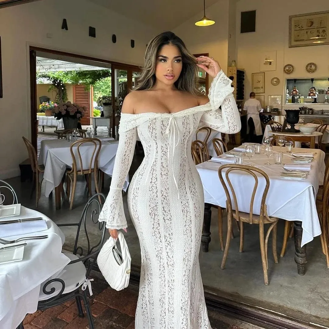 Oligai Elegant Off The Shoulder Bodycon Dress 2024 Nytt i vitt Flare Sleeve Lace Maxiklänning Bröllopsgästklänning för kvinnor — image 4