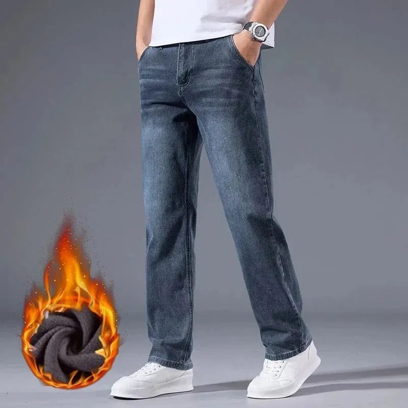 Winter Fleece Men Jeans Thick Stretch Business Casual Trousers Classic Loose Straight Warm Velvet Denim Pants Office Daily Wear — image 3