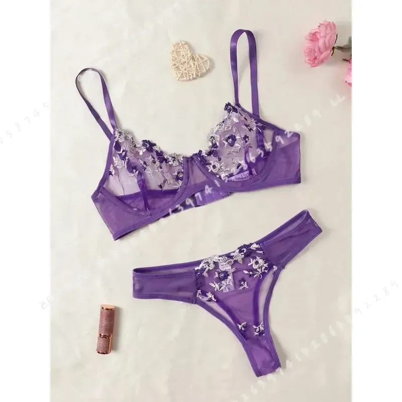 Purple Fancy Lingerie Set Women Embroidered Flower Bra and Panty Underwear Female Outfits — image 3