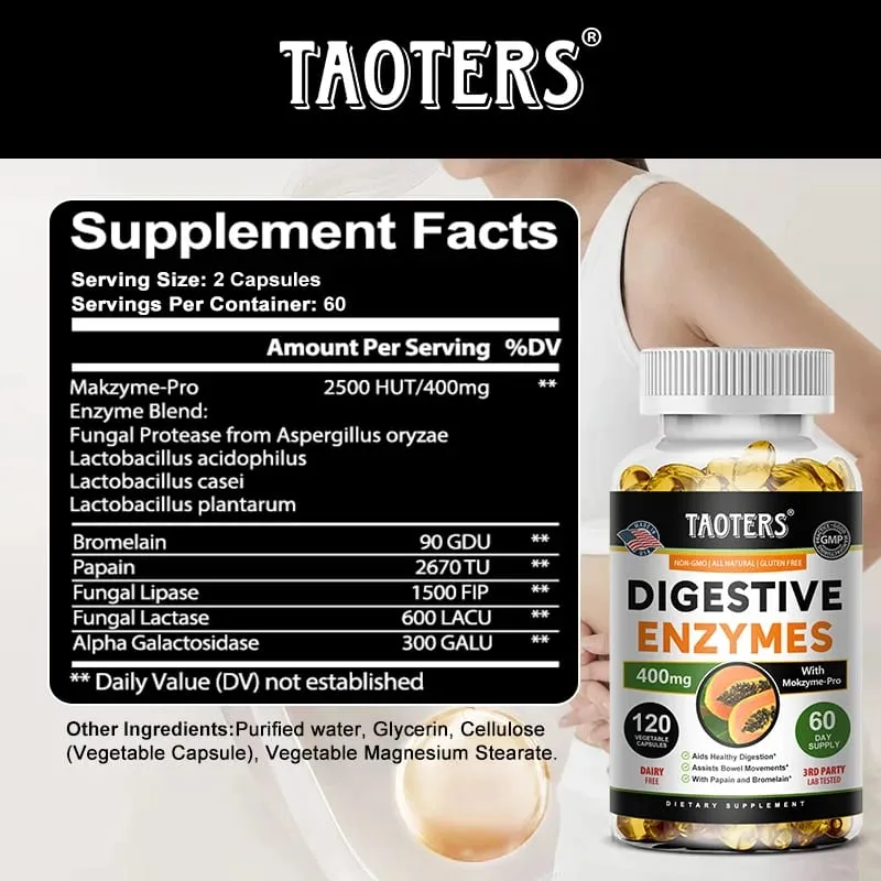 Suplemento de enzimas digestivas Cápsulas de enzimas digestivas para adultos, suporte benéfico do sistema imunológico para bactérias e digestão saudável