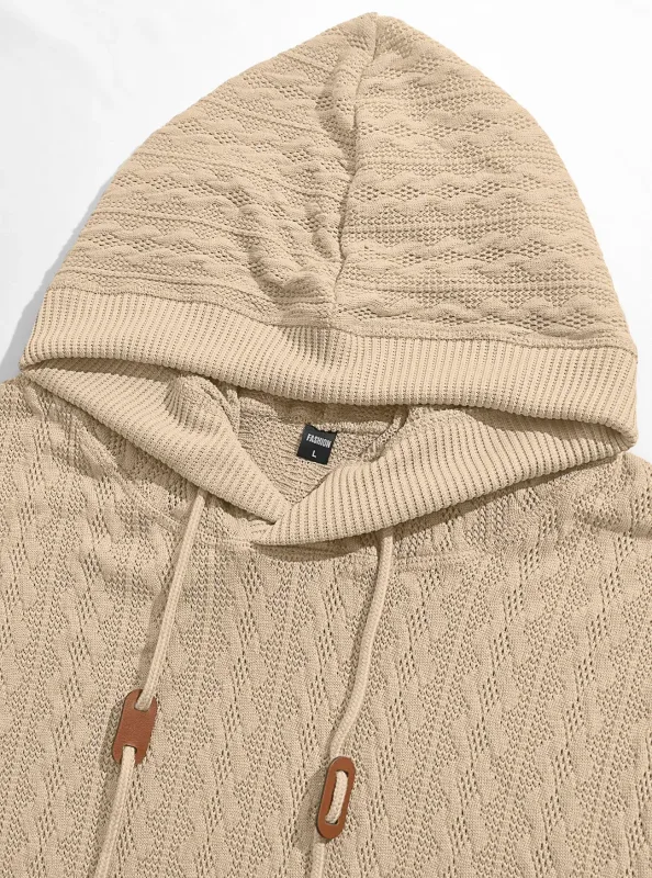 Men Thin Cable Knit Hooded Sweatshirt Drawstring Hood Kangaroo Pocket Long Sleeve Loose Casual Pullover Autumn Daily Street Tops — image 9
