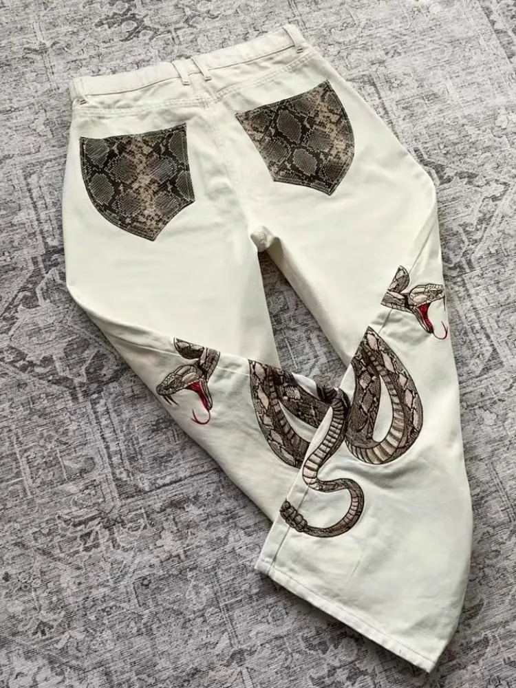 Streetwear Retro Snake Jeans Boa Embroidery Graphic Python Print Pocket Denim Pants Y2K Trend Unisex Baggy Straight Leg Pants — image 2