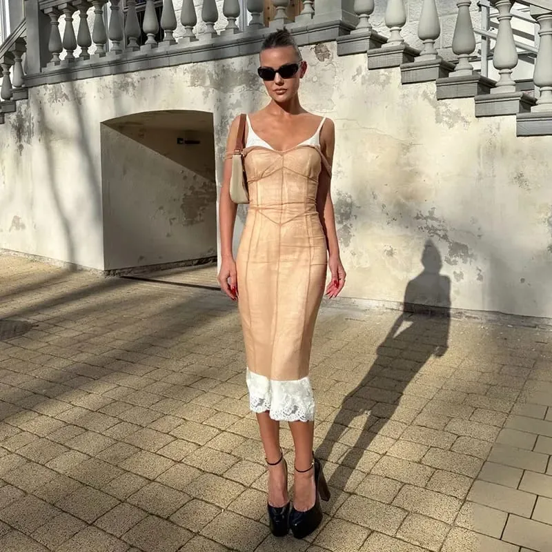 Mulheres rendas retalhos sling vestido malha midi cover-up ver através sem mangas vestidos de alça espaguete 2026 verão sexy chique wear