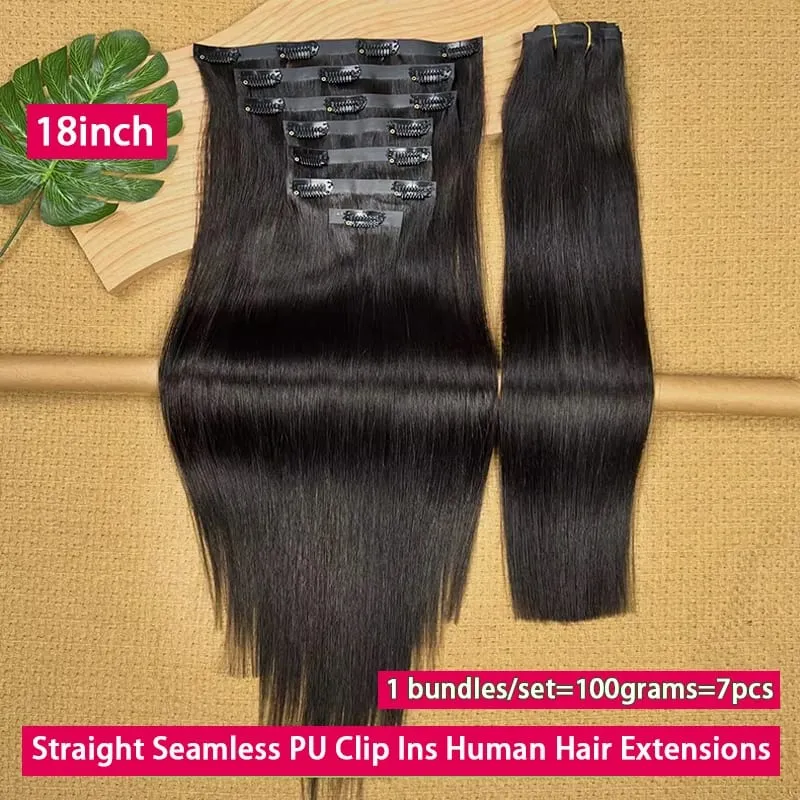 18A Seamless Straight Clip Ins Human Hair PU Invisible Clip In Hair Extensions 100% Raw Virgin Human Hair Double Weft 7Pcs/Set — image 4