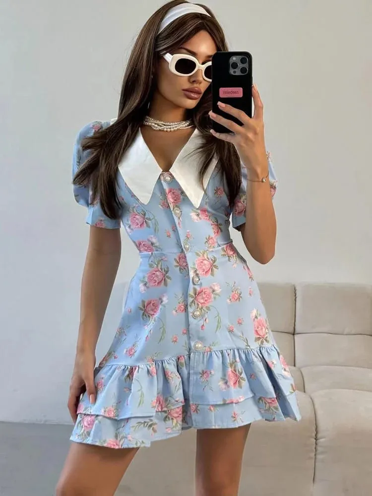 Tossy Printed Lapel Fashion Mini Dress Pambabae Short Sleeve Patchwork Contrast Elegant Summer Dress 2025 Pambabaeng Bodycon Dress — image 7
