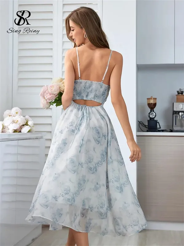 Feminino floral cinta de espaguete vestido elástico ruched sexy oco sem costas vestido de festa verão boho férias praia vestido de verão — image 6