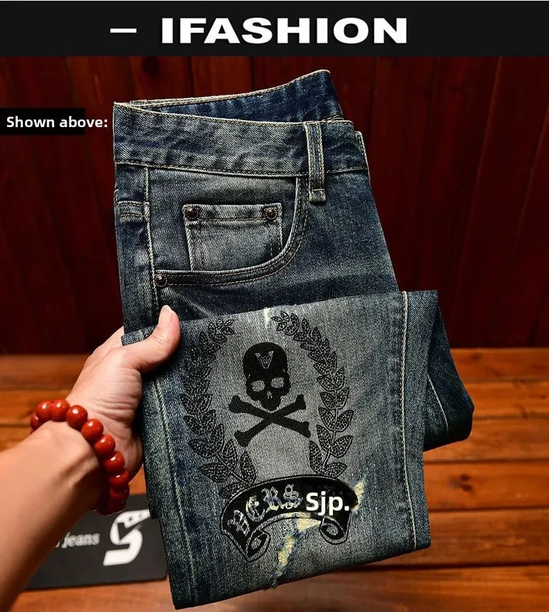 High end jeans men with ripped holes street fashion prints small feet elastic retro and handsome pants — image 8