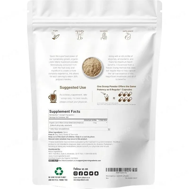 Organic Lion’s Mane Mushroom Powder Supports Brain Focus Energy and Immune Health Great for Smoothies & Coffee 454g Per Bag — image 3