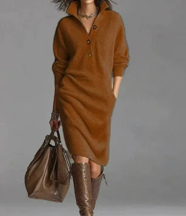 Autumn Fashion Knitted Button Lapel Women Dress Casual Loose Pocket Lazy Straight Over The Knee Long Sleeve Sweater FemaleDress — image 11