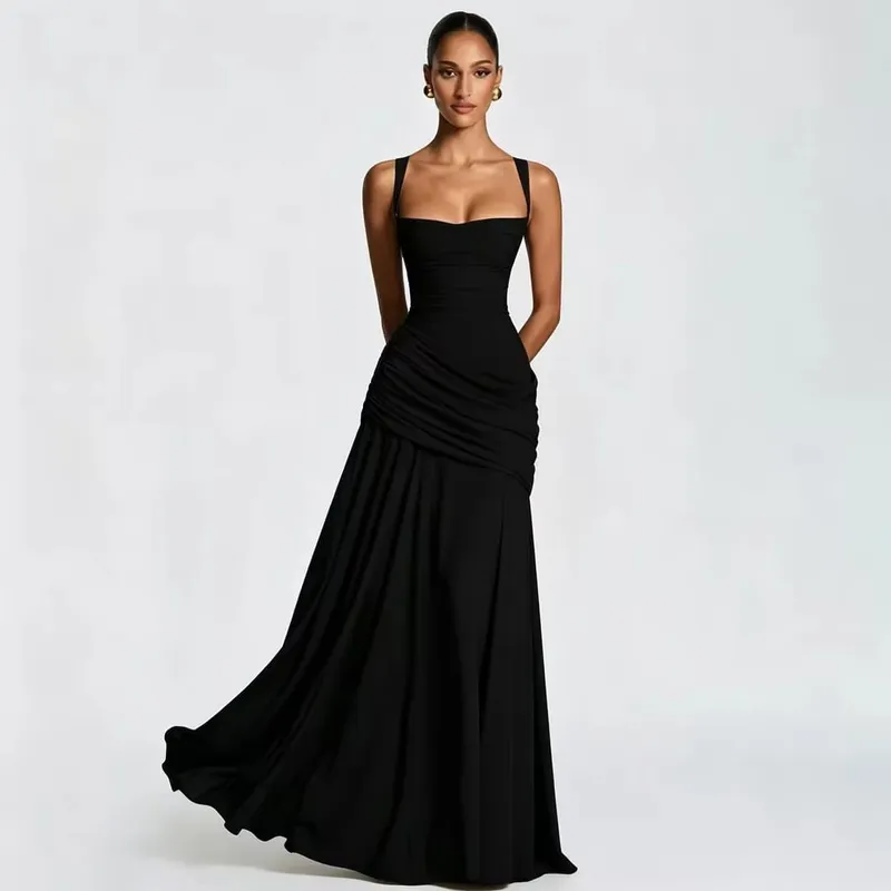 Sexy Solid Pleated Sling Dress Women Elegant Square Neck Sleeveless Waist-cinching Maxi Dresses 2026 New Summer Lady Party Robe — image 4