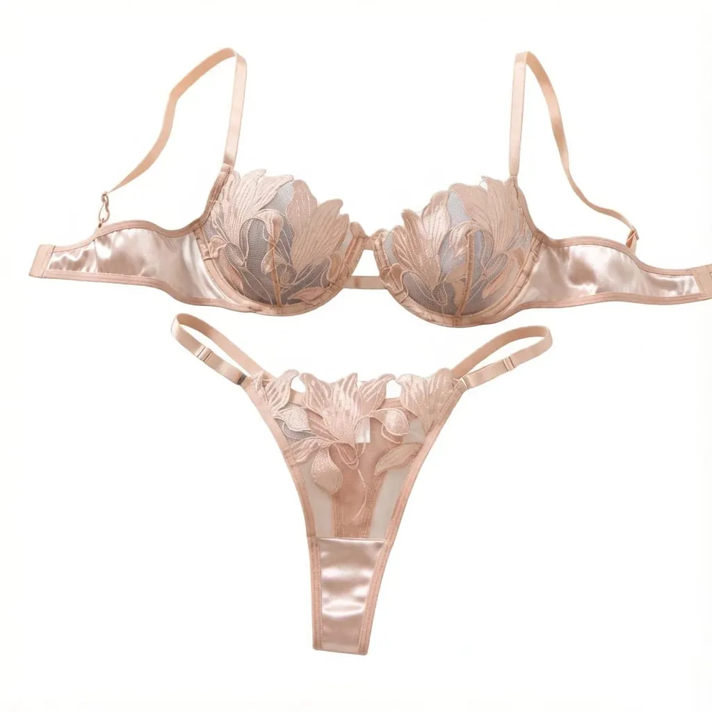 Conjunto de lingerie bordada floral champanhe, malha de cetim, sutiã fio dental, roupa íntima feminina, lua de mel, boudoir za824031 — image 2