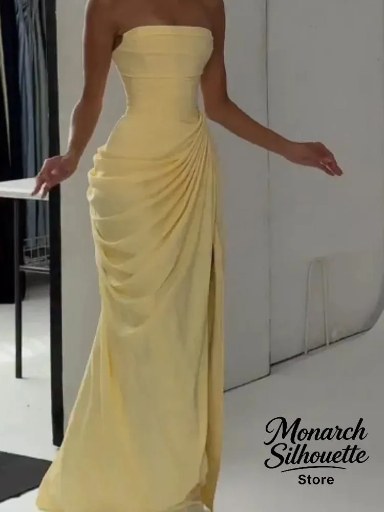 Elegante amarelo sem alças plissado vestido longo feminino chique sólido sem mangas cintura cinching split vestido 2026 senhora festa de noite robes — image 5