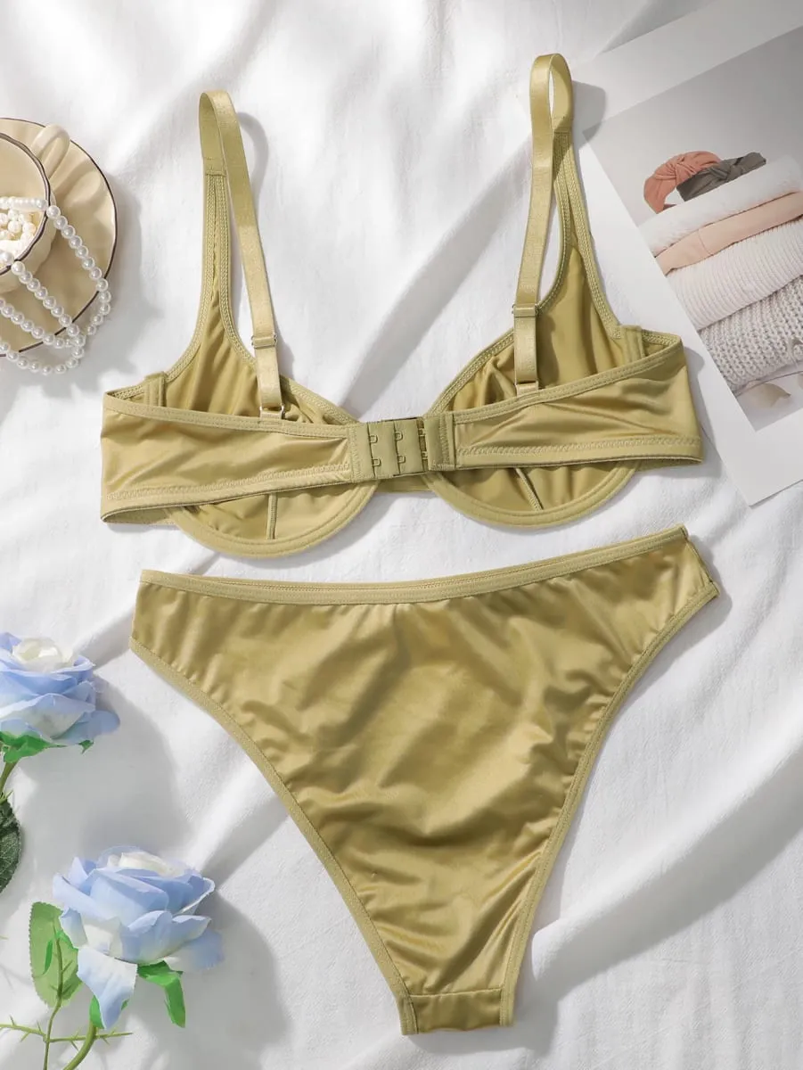 Damer Satin Glansig BH Trosset Bygel Tunn Cup 2 delar Damunderkläder Set Justerbara remmar Enfärgad Dagliga intima underkläder — image 2
