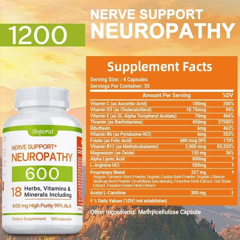 Neuropathy Support Supplement 600mg - Reduces Stress Promotes Nerve Health and Brain Function Cellular Energy Non-GMO